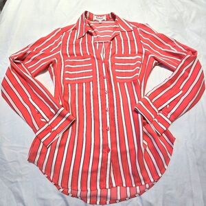 Express Coral Red and White Striped Button-Down Shirt